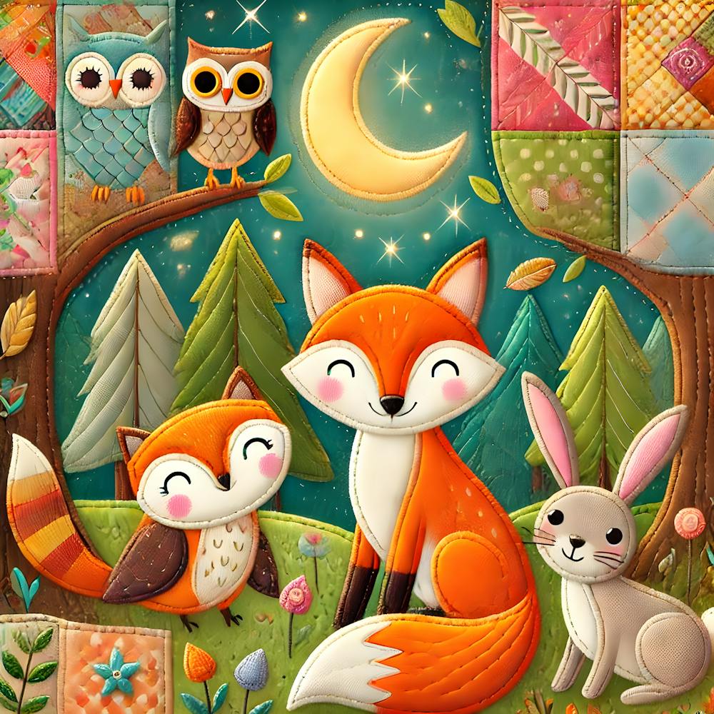 Enchanted Forest Patchwork – Verspielte Waldtiere Illustration Für Kinderzimmer-Deko