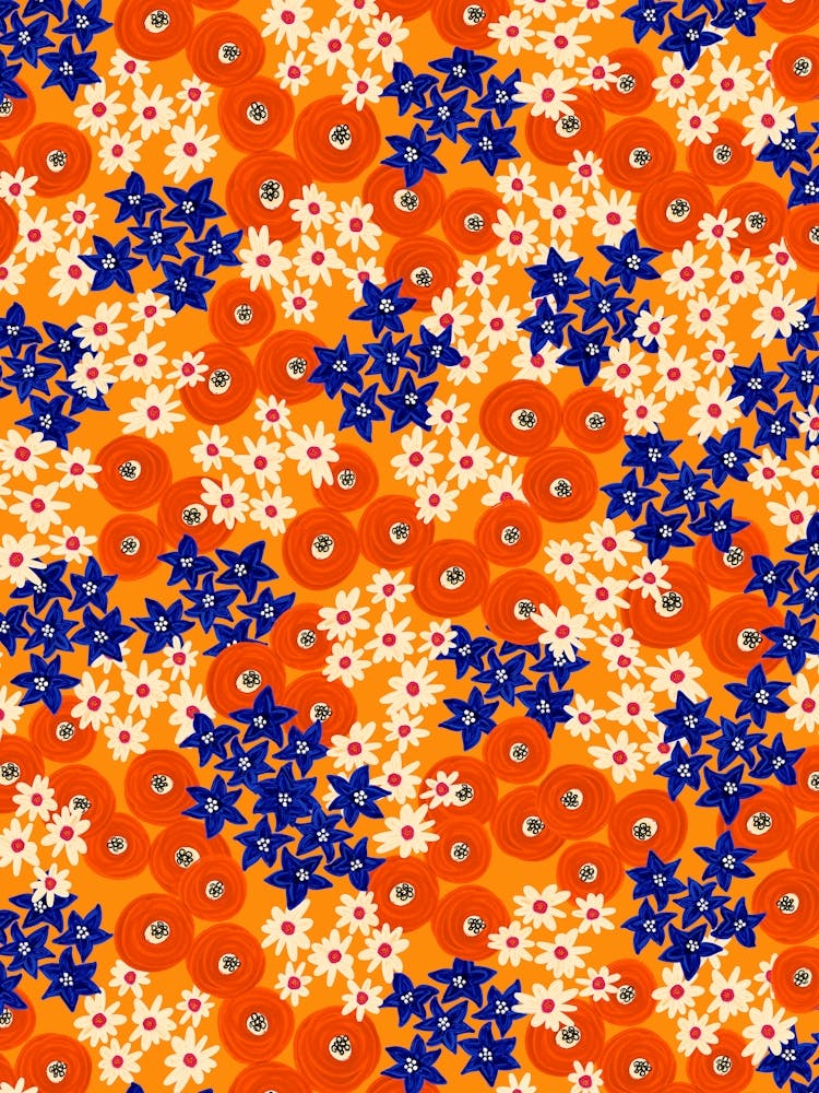 Gemischte Handgemalte Dichte Wildblumen Rot, Weiß, Blau, Orange