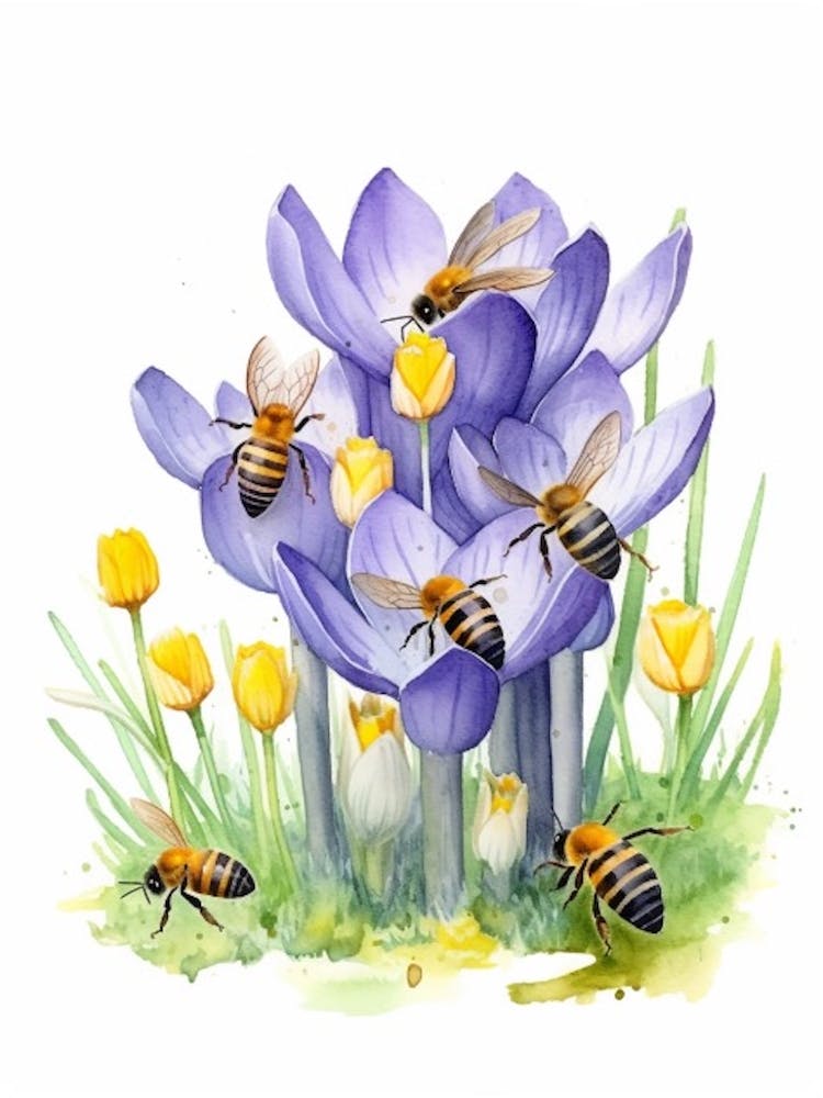 Ruche avec fleur de crocus, illustration à l'aquarelle 4