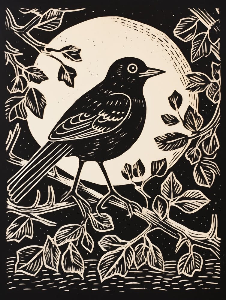 B&W Bird Linocut European Robin 3