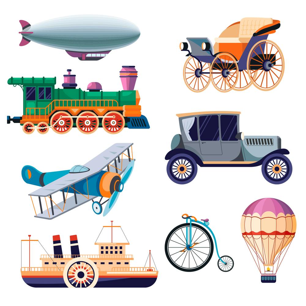 Retro Means Of Transport Train And Air Balloon