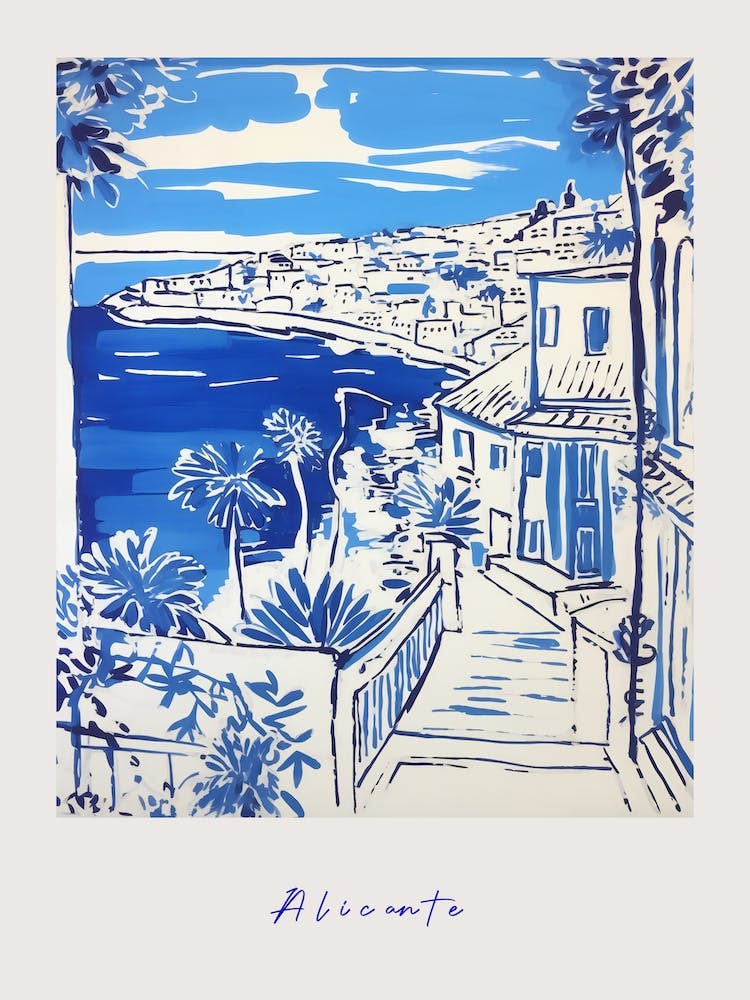 Alicante, Espagne 5 - Affiche Dessin Bleu Méditerranéen