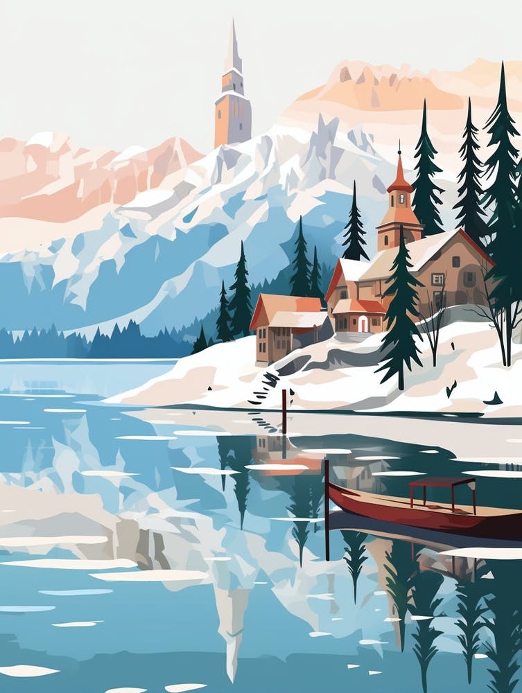 Retro Winter Illustration Lake Bled Slovenia 1