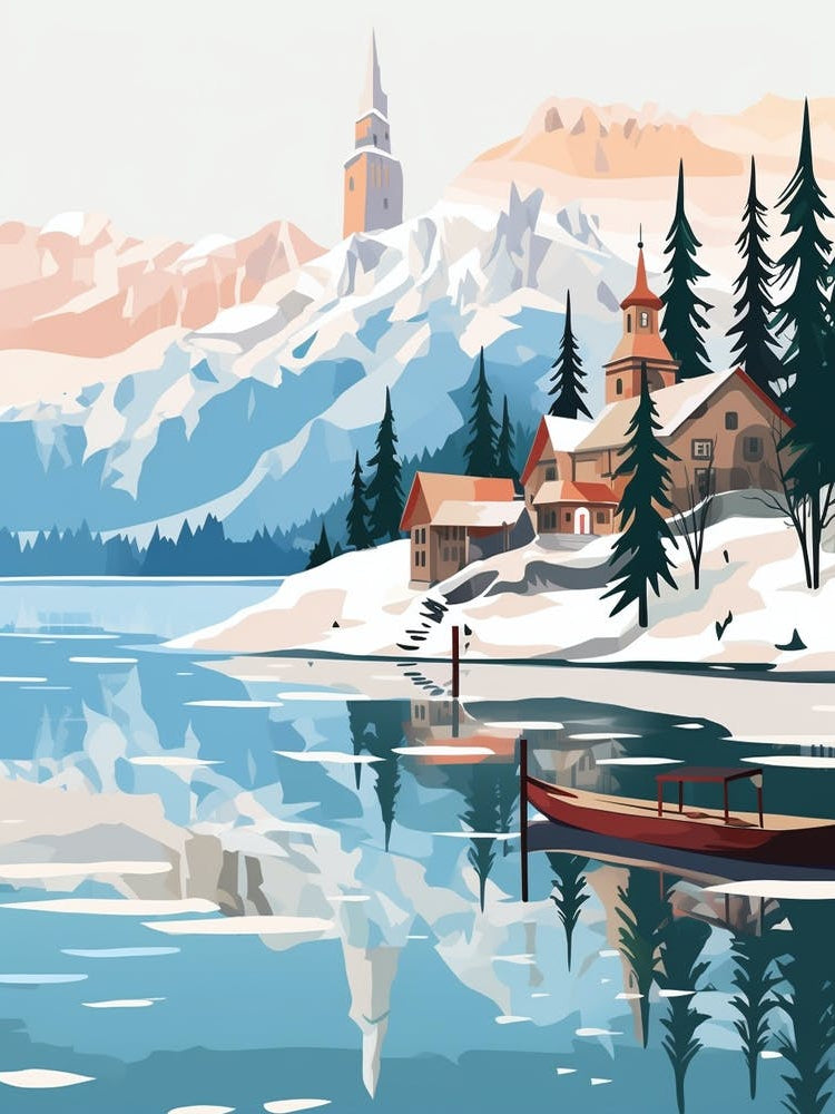 Retro Winter Illustration Lake Bled Slovenia 1