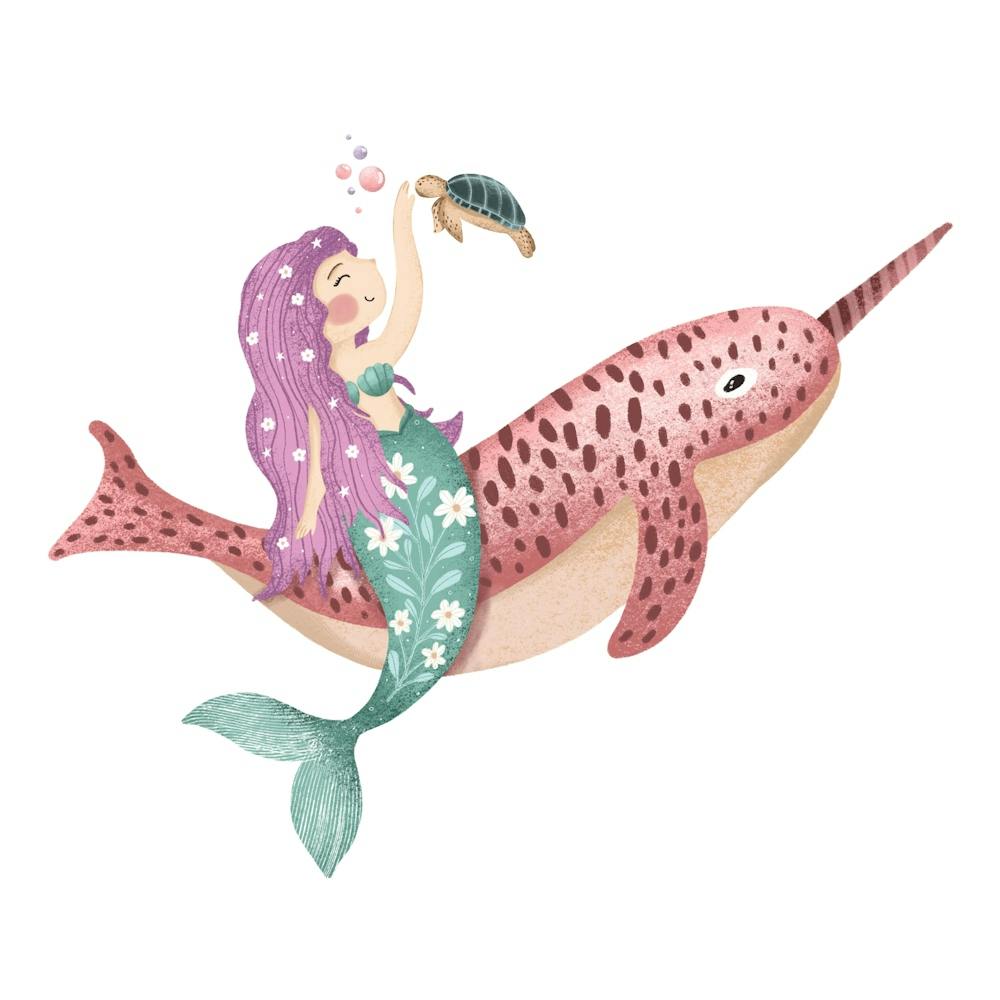 Cute mermaid riding a narwhal