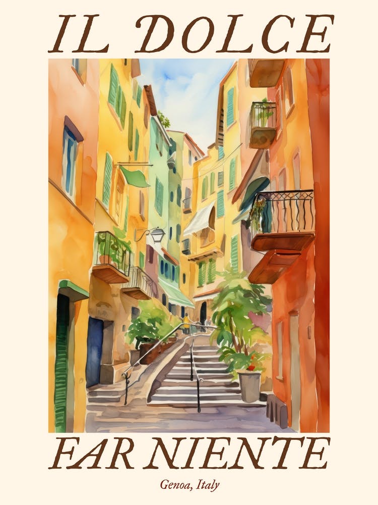 Il Dolce Far Niente Genoa, Italy Watercolour Streets 3 Poster