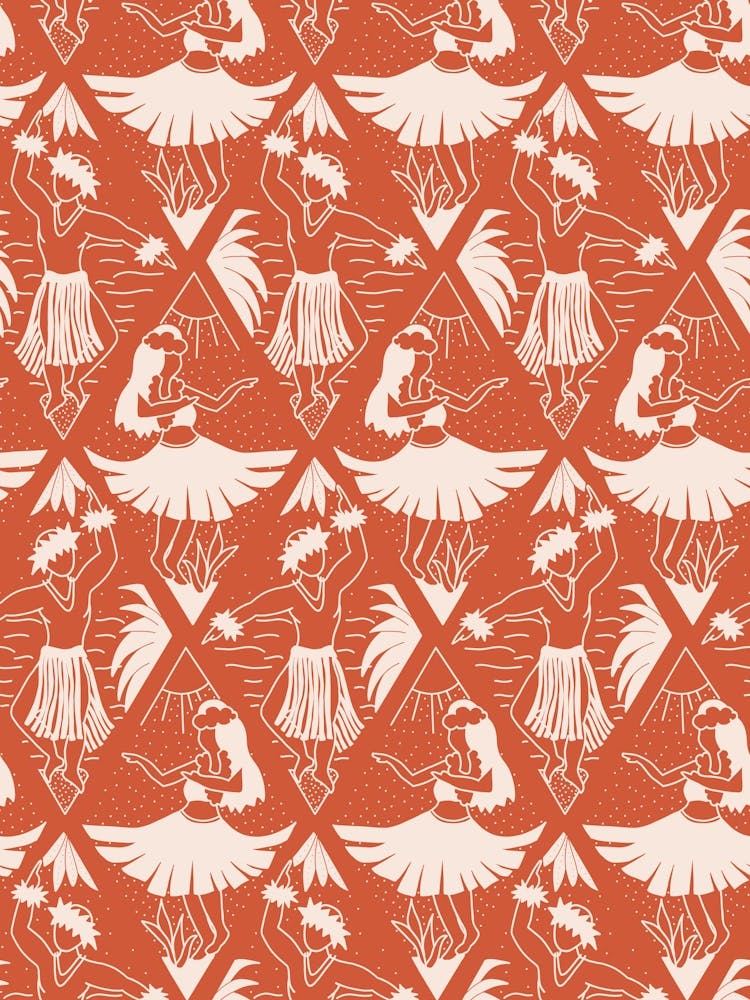 Hawaiian Hula Polynesian Dancer Rhombus Damask White on Red