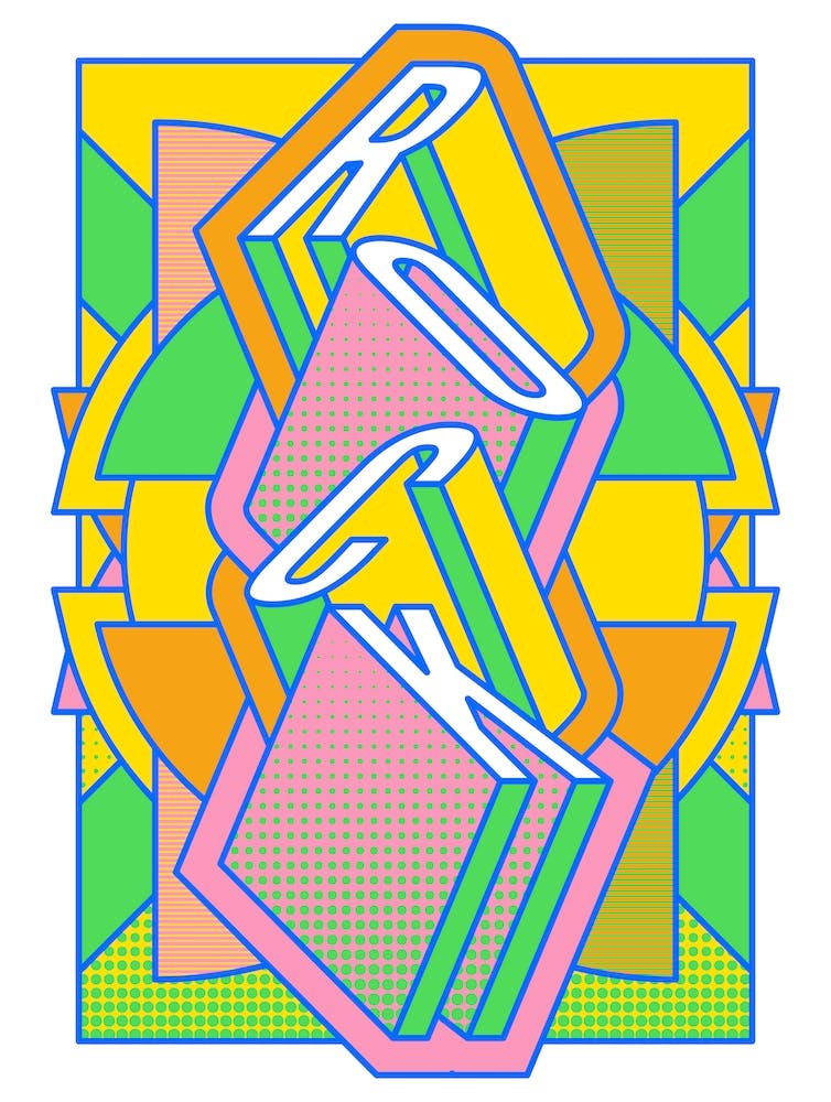 Rock And Roll Music typography in bold neon colours