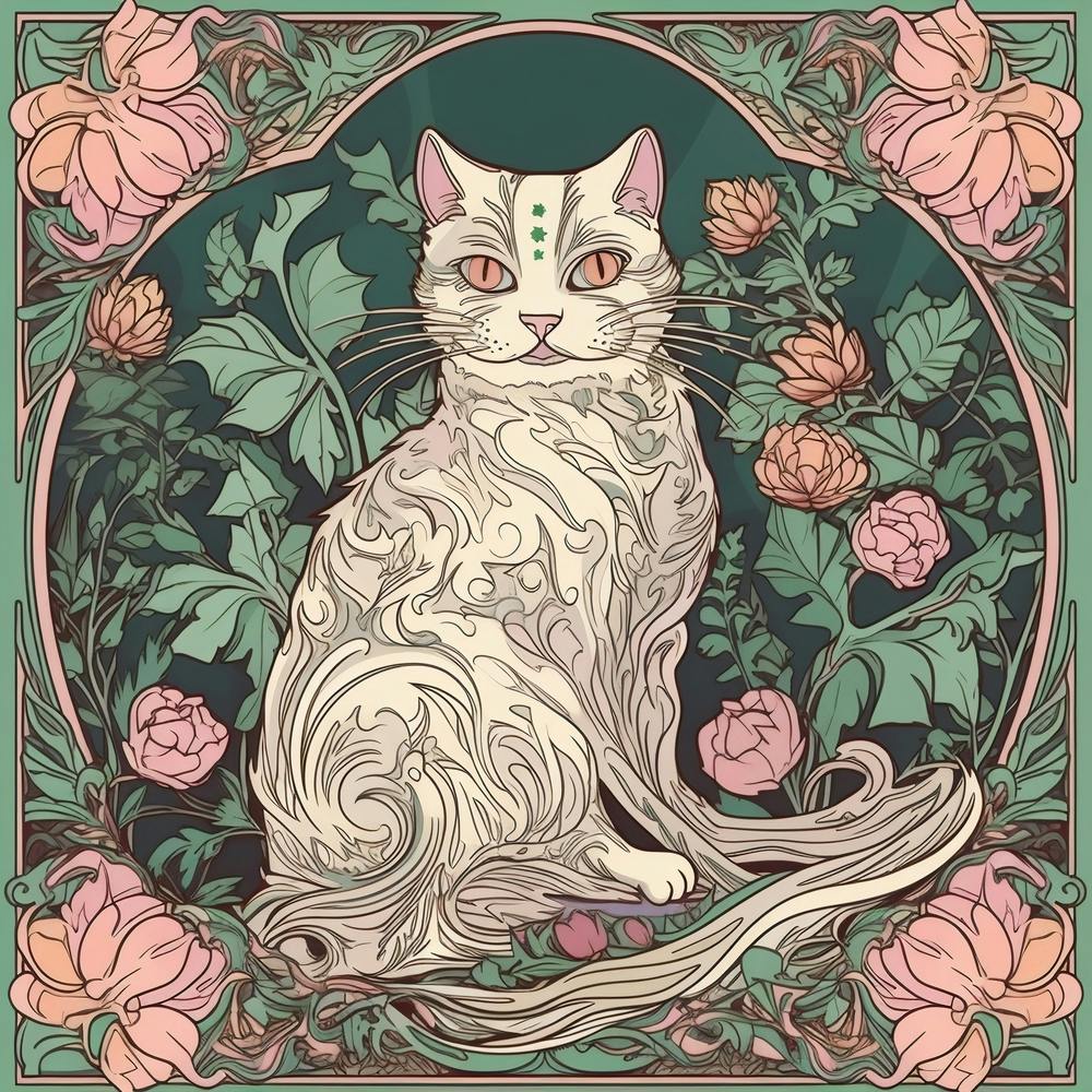 William Morris  Inspired  Classic Cats With Stars Sage And Pink Square