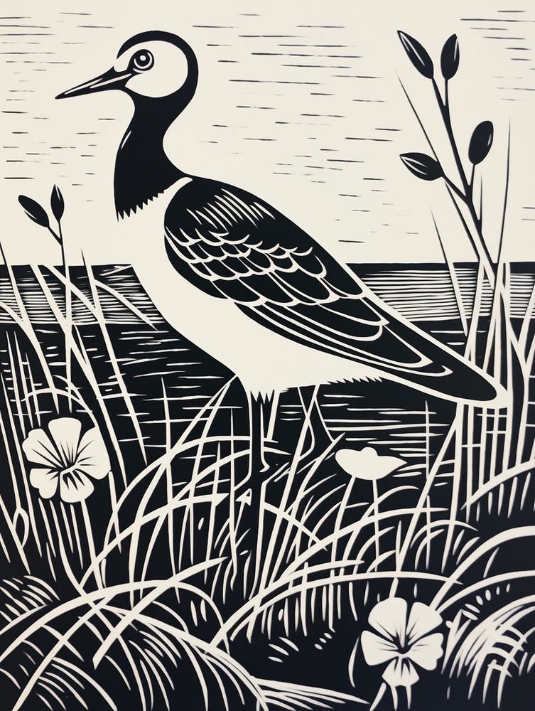 Linogravure d'oiseau N&B Vanneau huppé 2