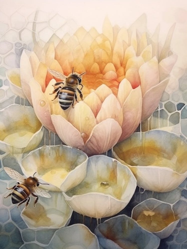 Beehive With Lotus Watercolour Illustration 4