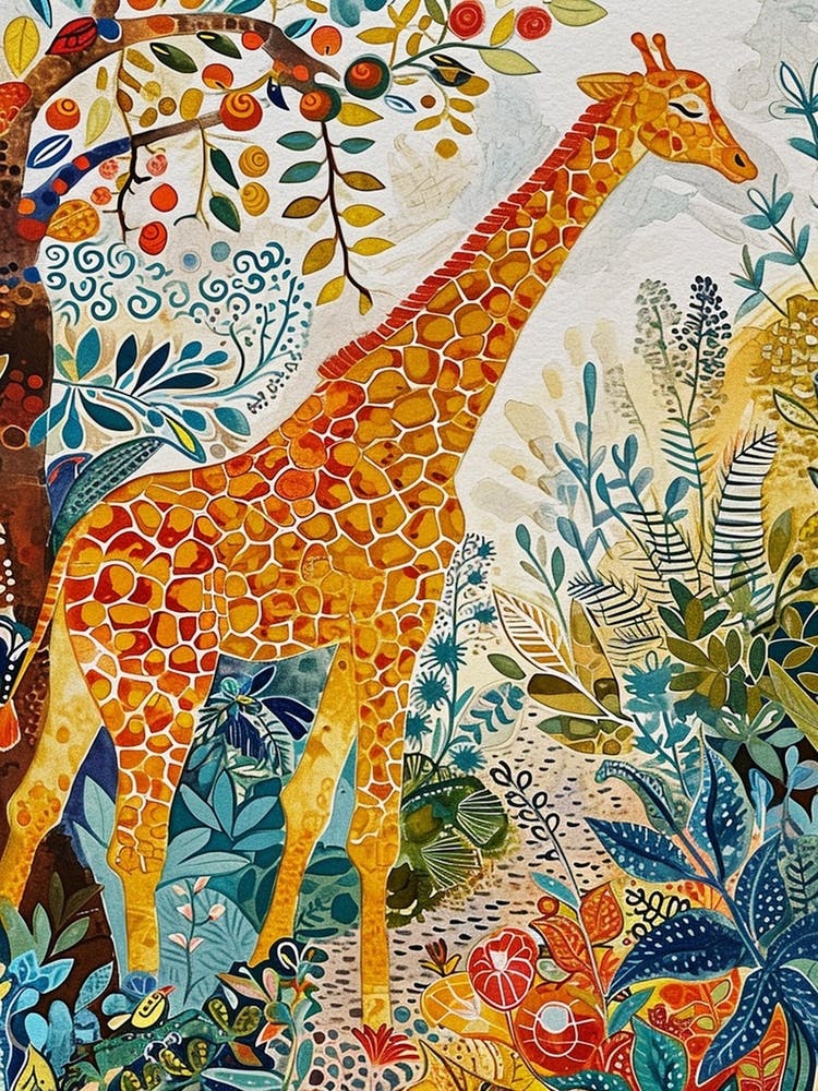 Colourful Giraffe In The Leaves Illustration 8