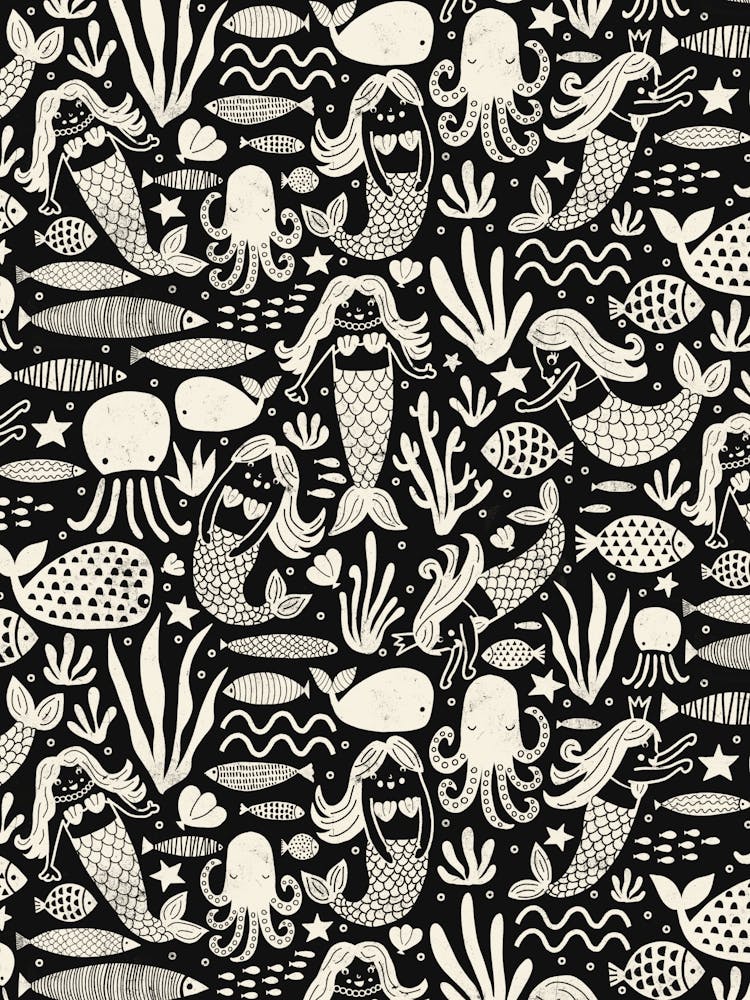 Underwater Mermaids and Sea Life Block Print White on Black Kids