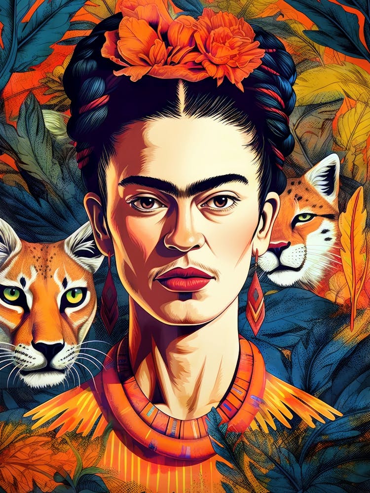 Frida  portrait illustration with wild cats