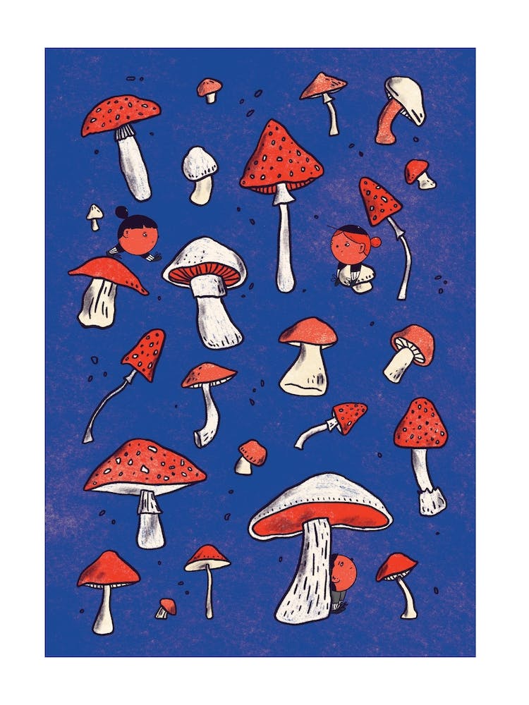 Mushroom explorers: blue nature scene filled with fungi