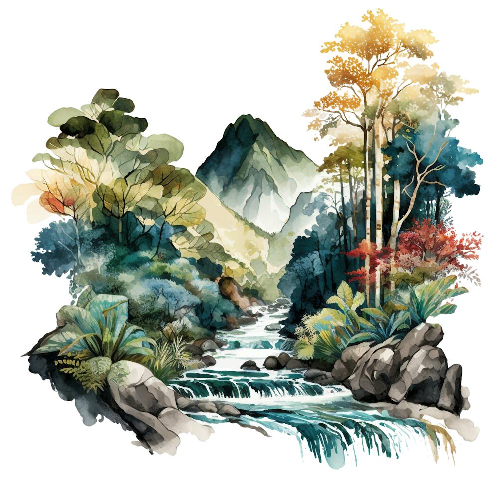 Watercolor Of A Waterfall In The Jungle