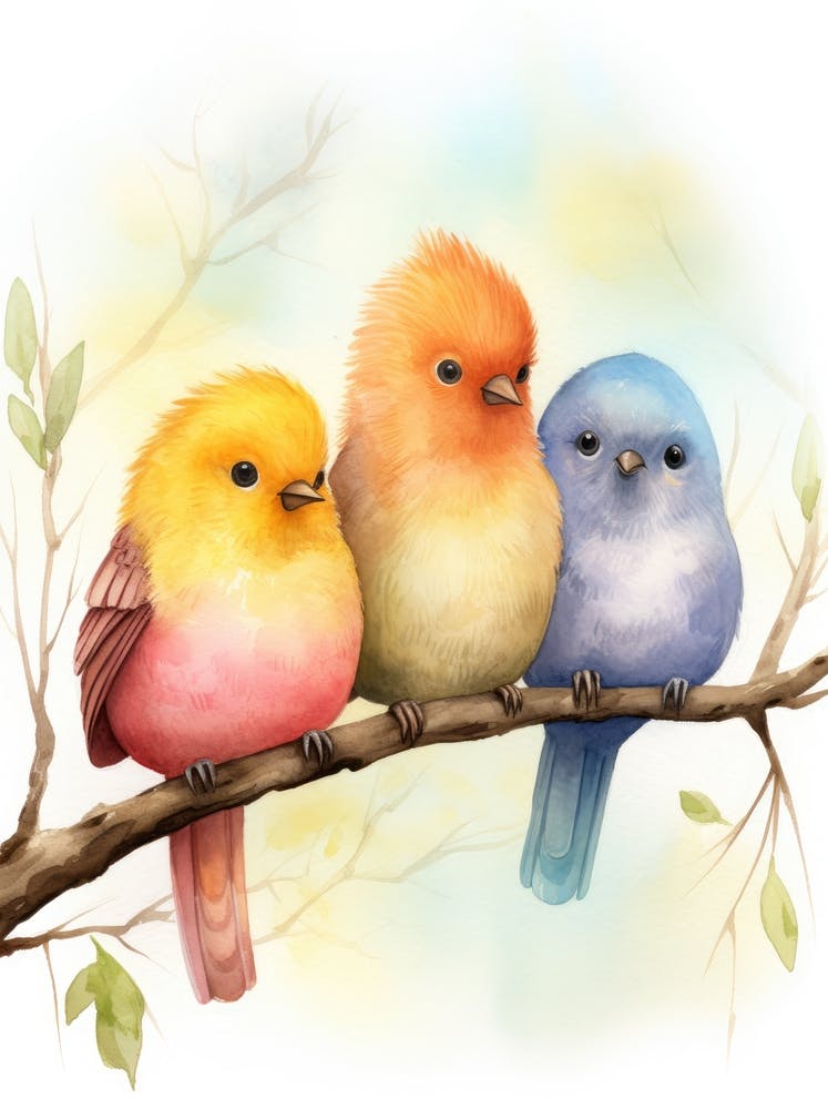 Aquarellvögel auf einem Ast 1