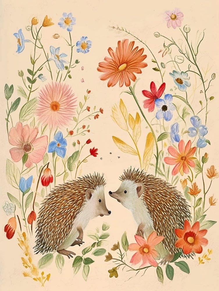Folksy Floral Animal Drawing Hedgehog 9