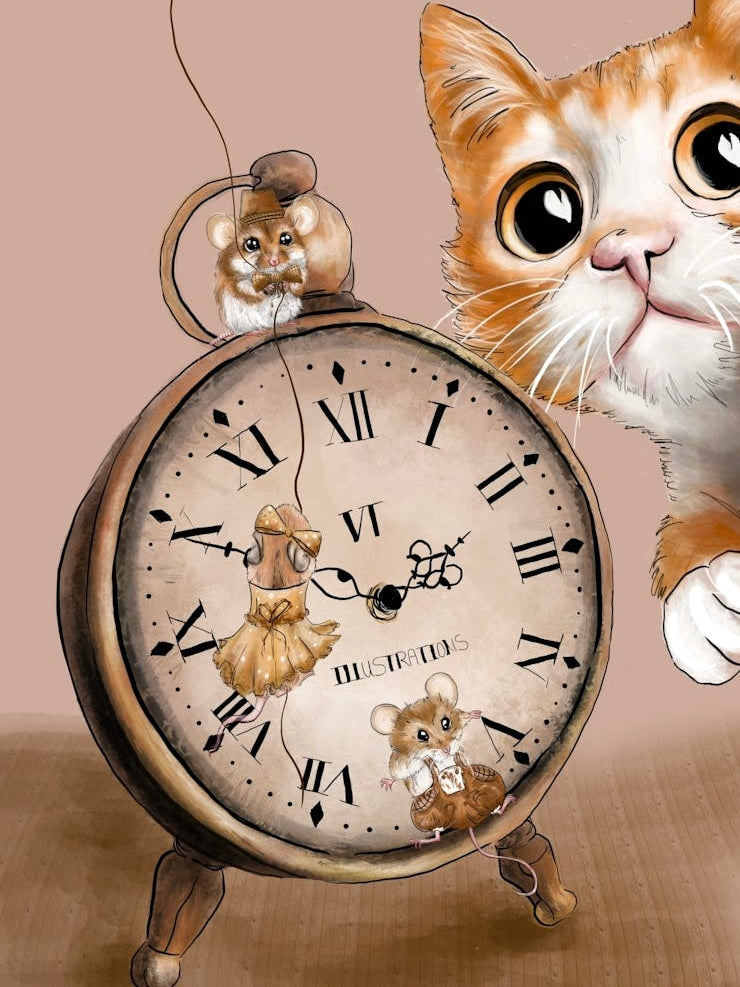 Sneaky Tabby Cat Chasing Mice Vintage