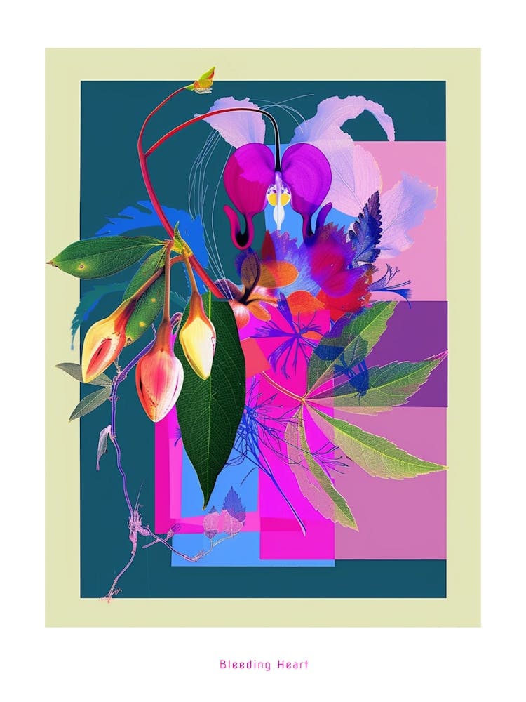 Bleeding Heart (Dicentra) Neon Flower Collage Poster
