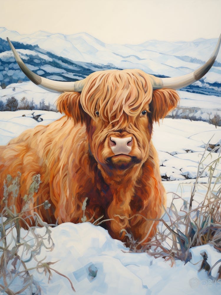 Traditional Watercolour Illustration Of Highland Cow In The Snowy Field 1