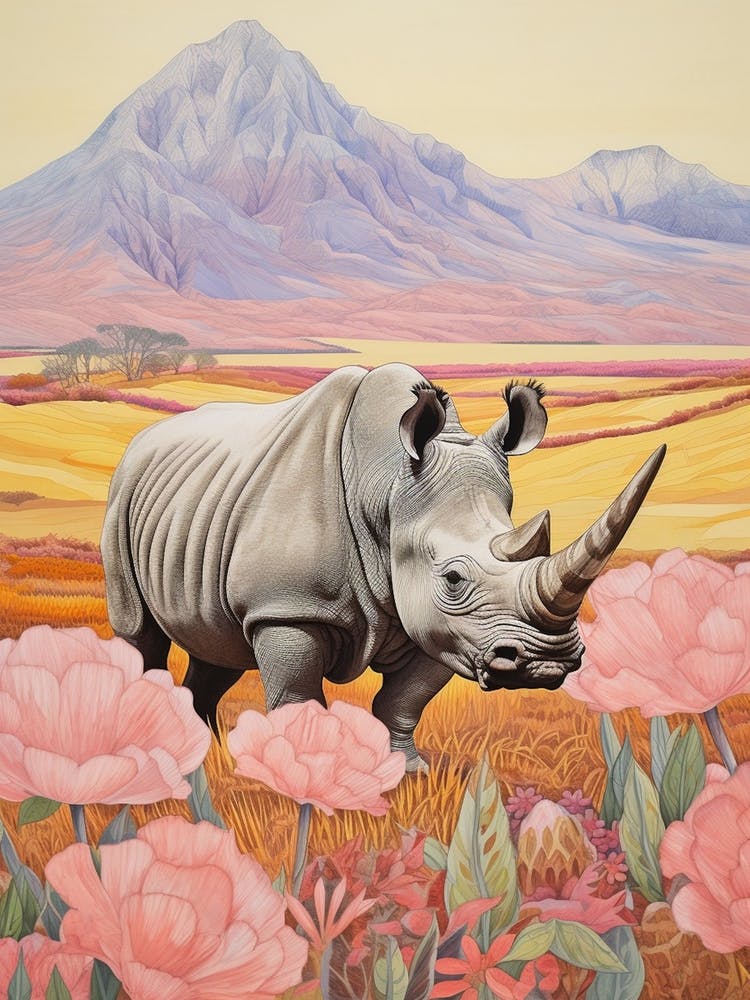Rhino With Flowers & Plants 1