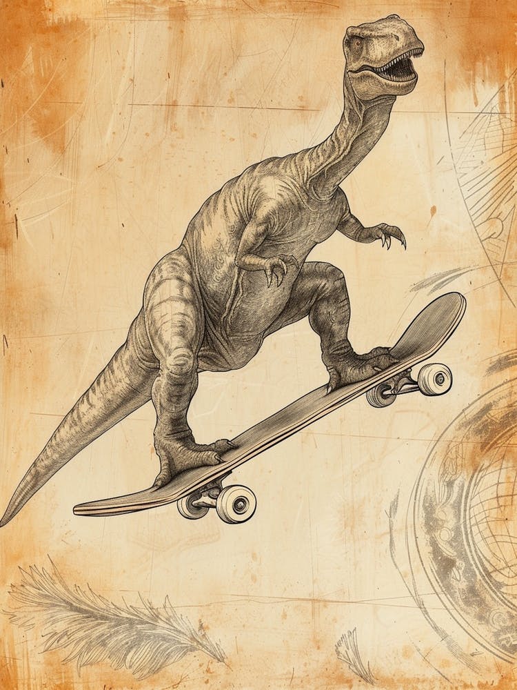 Vintage Apatosaurus-Dinosaurier Auf Einem Skateboard 1