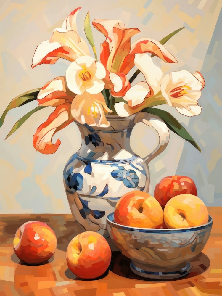 Calla Lily Flower And Peaches Still Life Painting 3 Dreamy