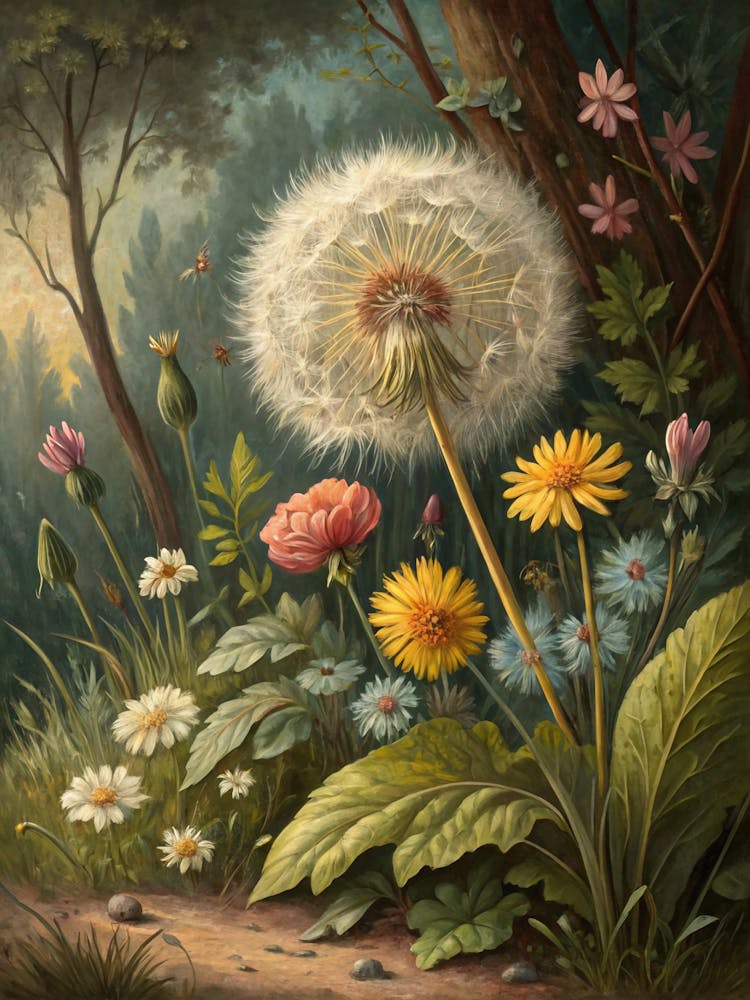 Oil Painting Styledandelion Puff With Surrounding