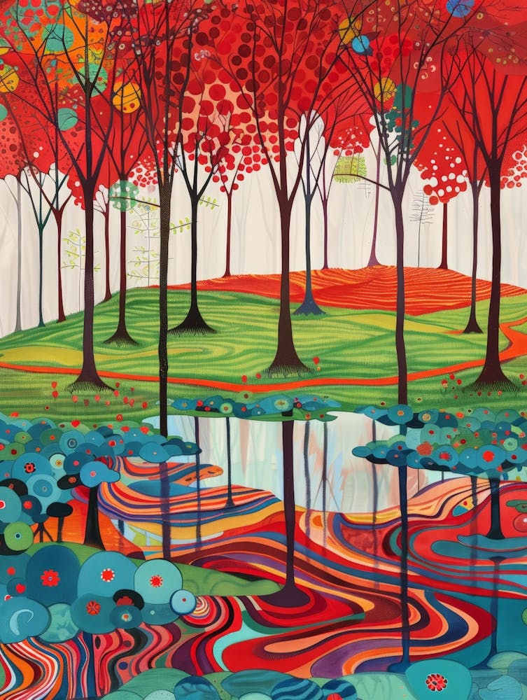 Red Trees In A Pond
