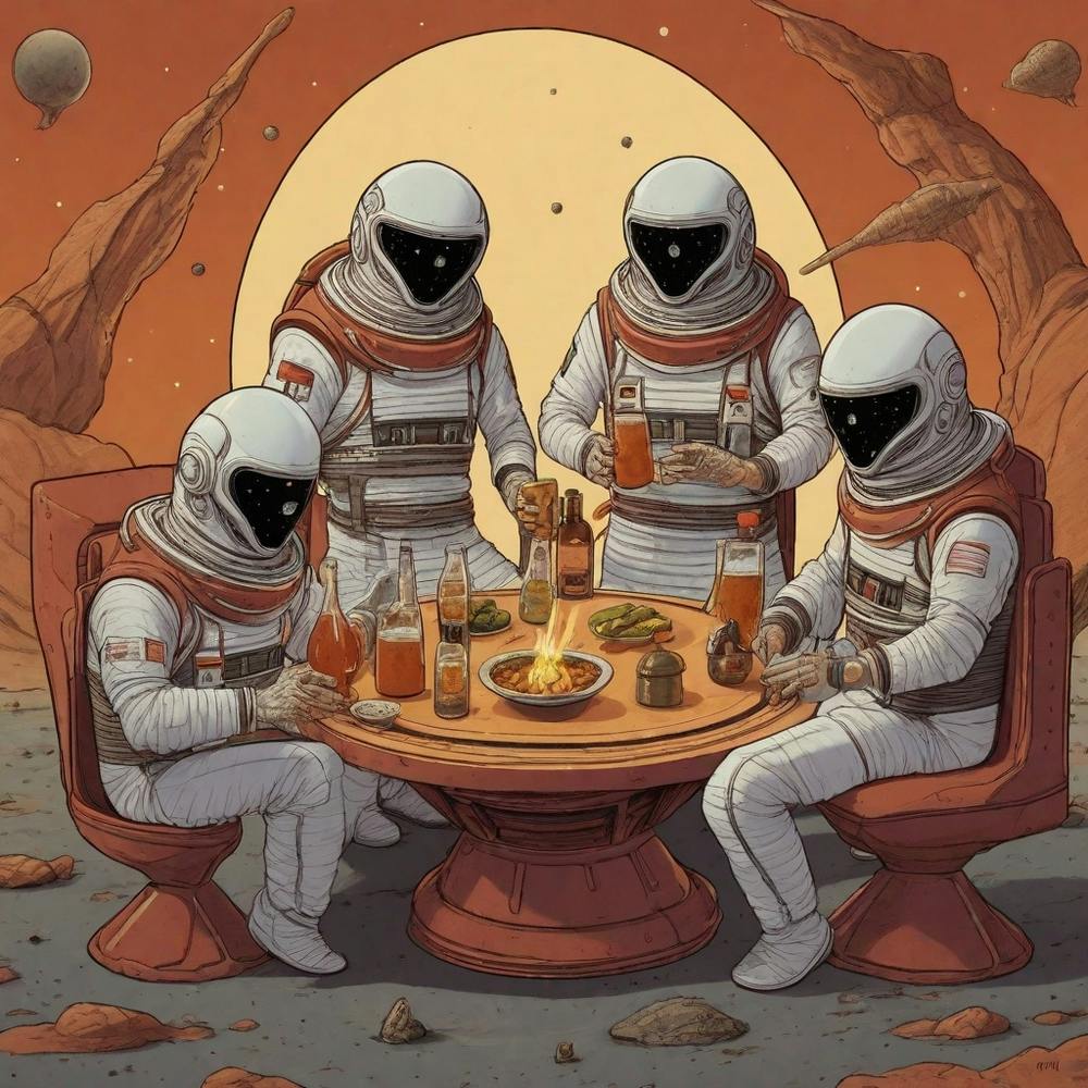 Astronauts At A Table Eat Tajin
