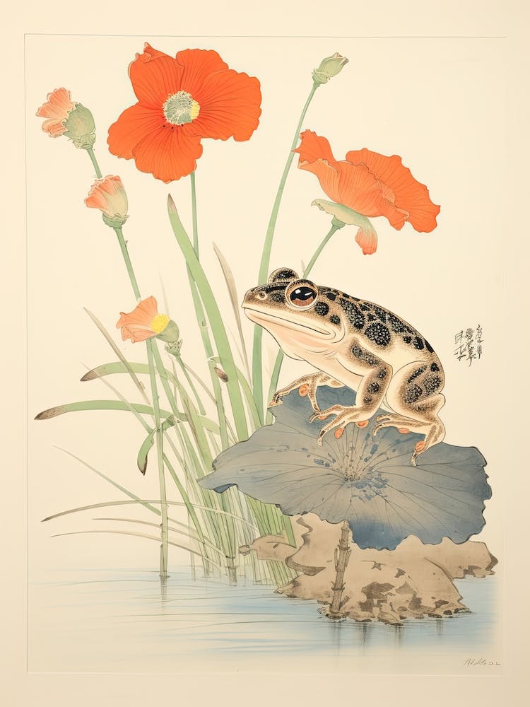 Frog And Flowers, Matsumoto Hoji Inspired Japanese Woodblock 1