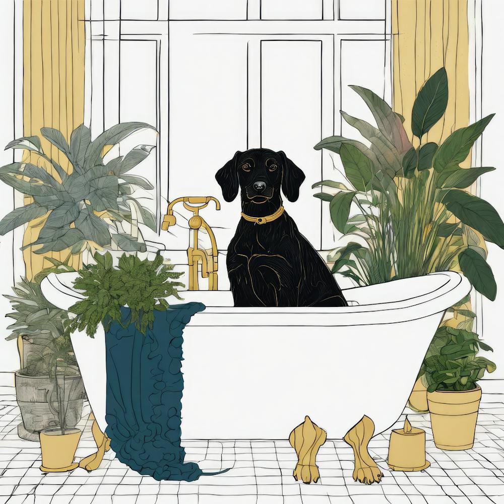 gold line drawing of a black dog in a bathtub, houseplants, botanical, jewel tones