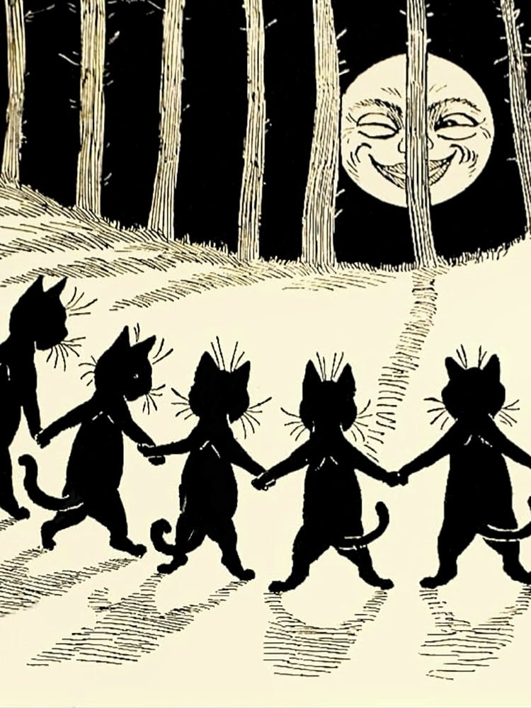 The Wink by Louis Wain - Famous Vintage Black Cats Dancing by The Smiling Full Moon - Retro Kitties Dance in the Moonlit Forest - Witchy Pagan Fairytale Magic
