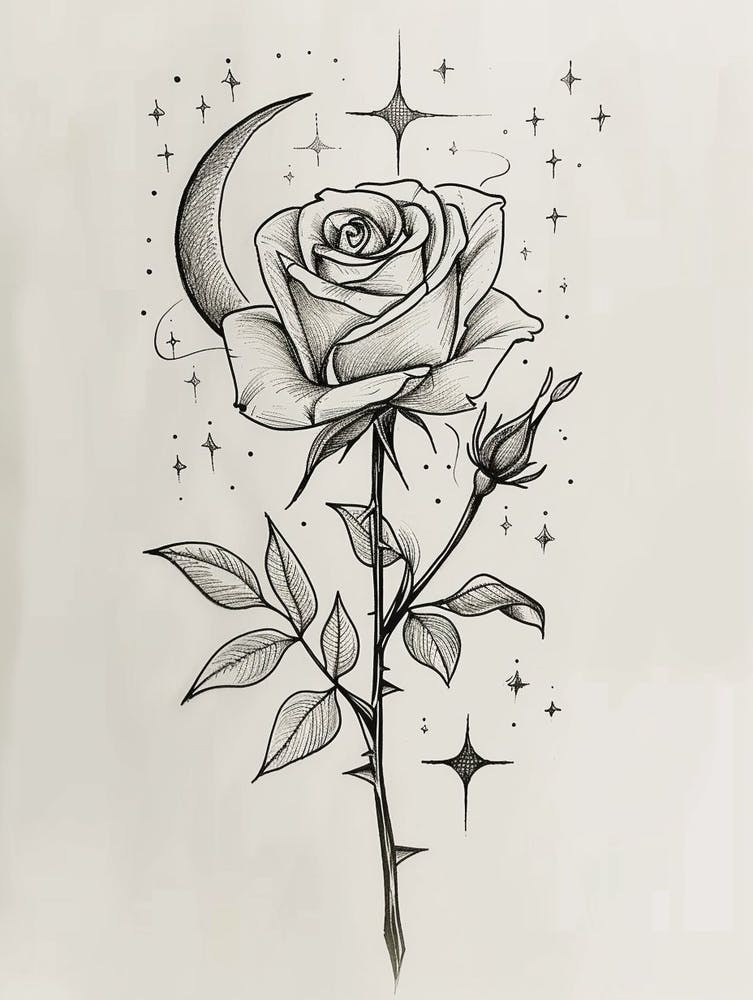 English Rose Moon And Stars Line Drawing 1