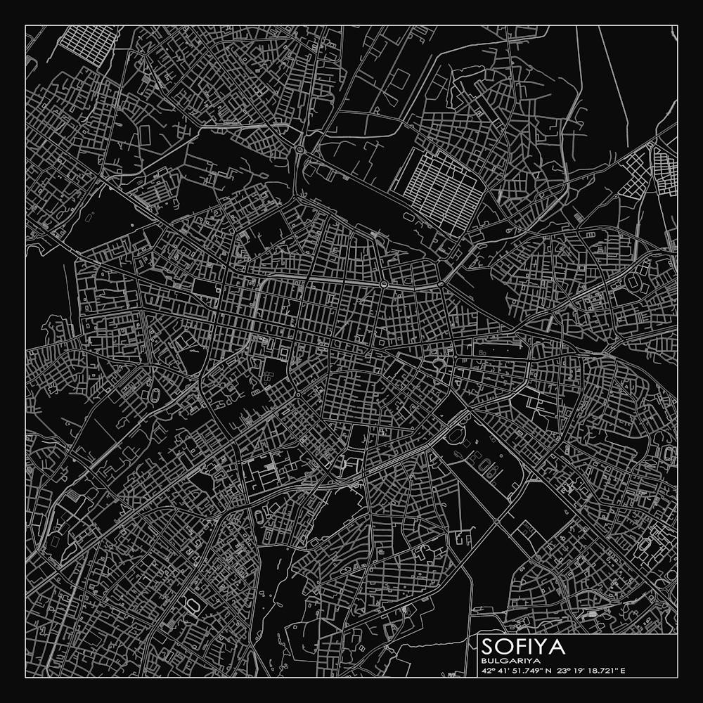 Sofiya, Bulgariya, (Sofia, Bulgarie) Carte de Ville Blanc Sur Noir Design Plan