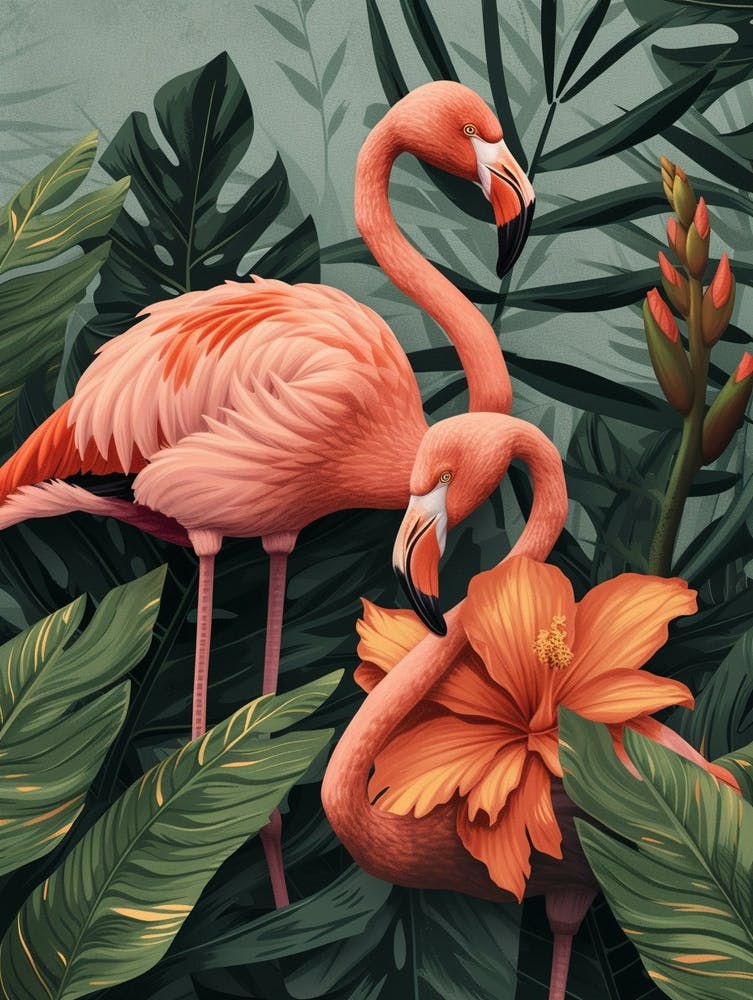 Lesser Flamingo And Heliconia Minimalist Illustration 1