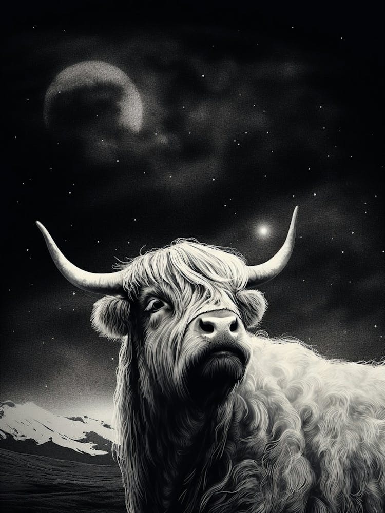Black & White Illustration Of Highland Cow With The Stars