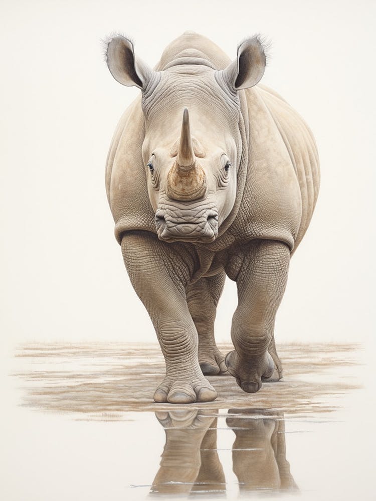 Rhino Walking Through The Waterhole Illustration