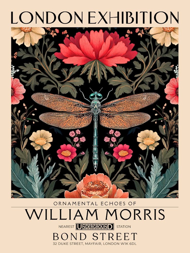 William Morris Dragonfly and floral artwork, insect and flower pattern vintage Botanical print for cottagecore, maximalist decor,floral tapestry Victorian nature illustration bedroom vintage decor 15