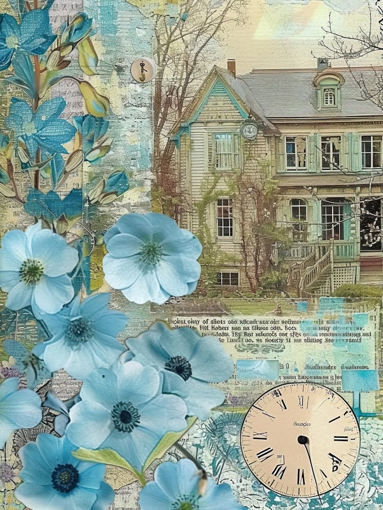 Light Blue Flowers Scrapbook Collage Cottage 1