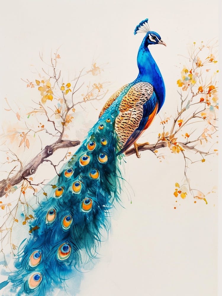 Watercolour Peacock On A Tree Branch