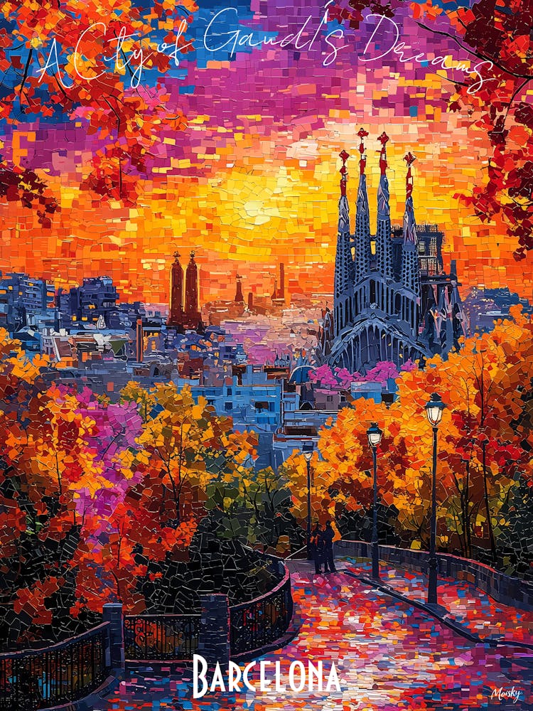 Barcelona Skyline, abstract cubism vibrant Poster