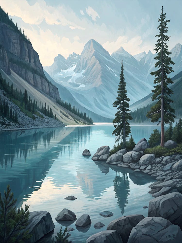 Lac Glaciaire Minimaliste Style Peinture à l'Huile