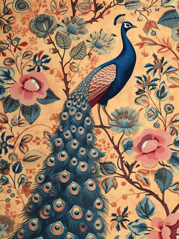Mustard Blue Floral Peacock Wallpaper