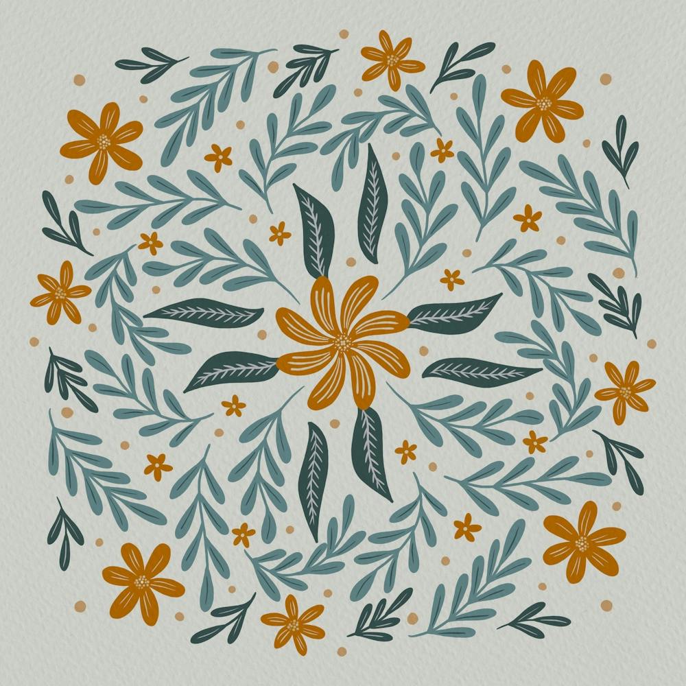 Circular Flowers and Branches - teal and beige