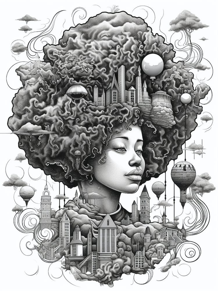 Afro City Pencil Drawing Black And White
