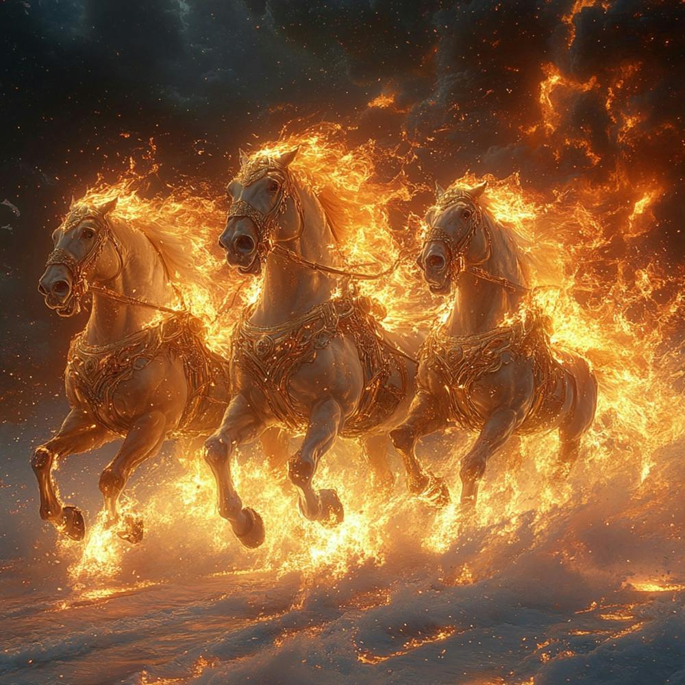 A Flaming, Shining Chariot, Made Of Celestial Fire, Pulled By Two Imposing, Muscular Horses Also Made Of Fire, With Billowing, Ethereal Flames