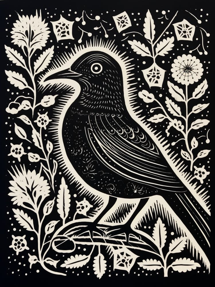 B&W Bird Linocut Cuckoo 3
