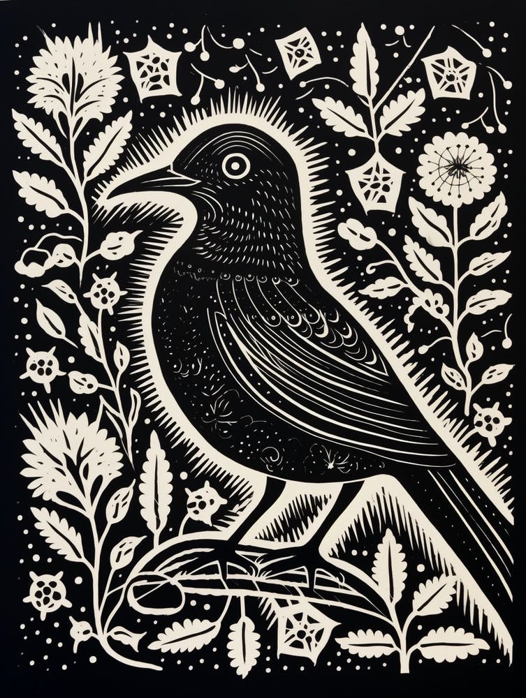 B&W Bird Linocut Cuckoo 3